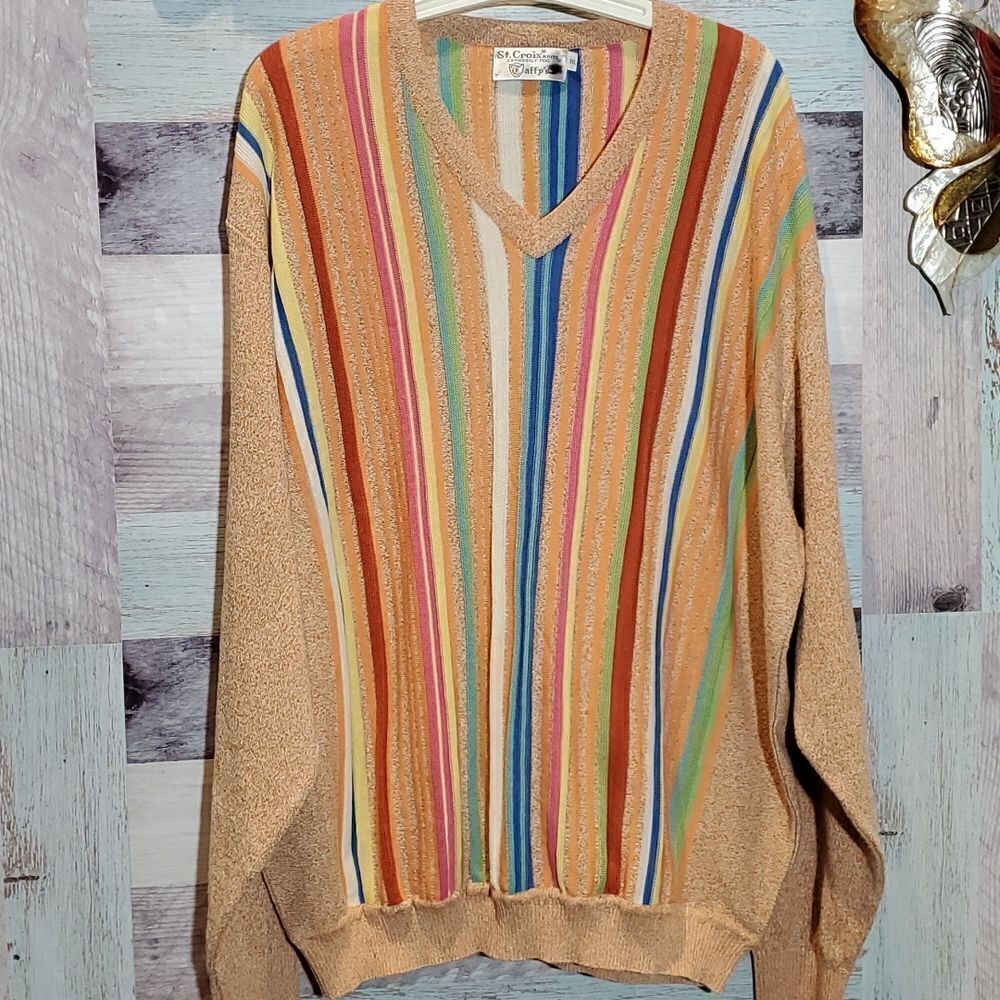 Vintage St Croix Knits Men's XXL Multi-Color Stripe Woven Sweater Biggie Cosby